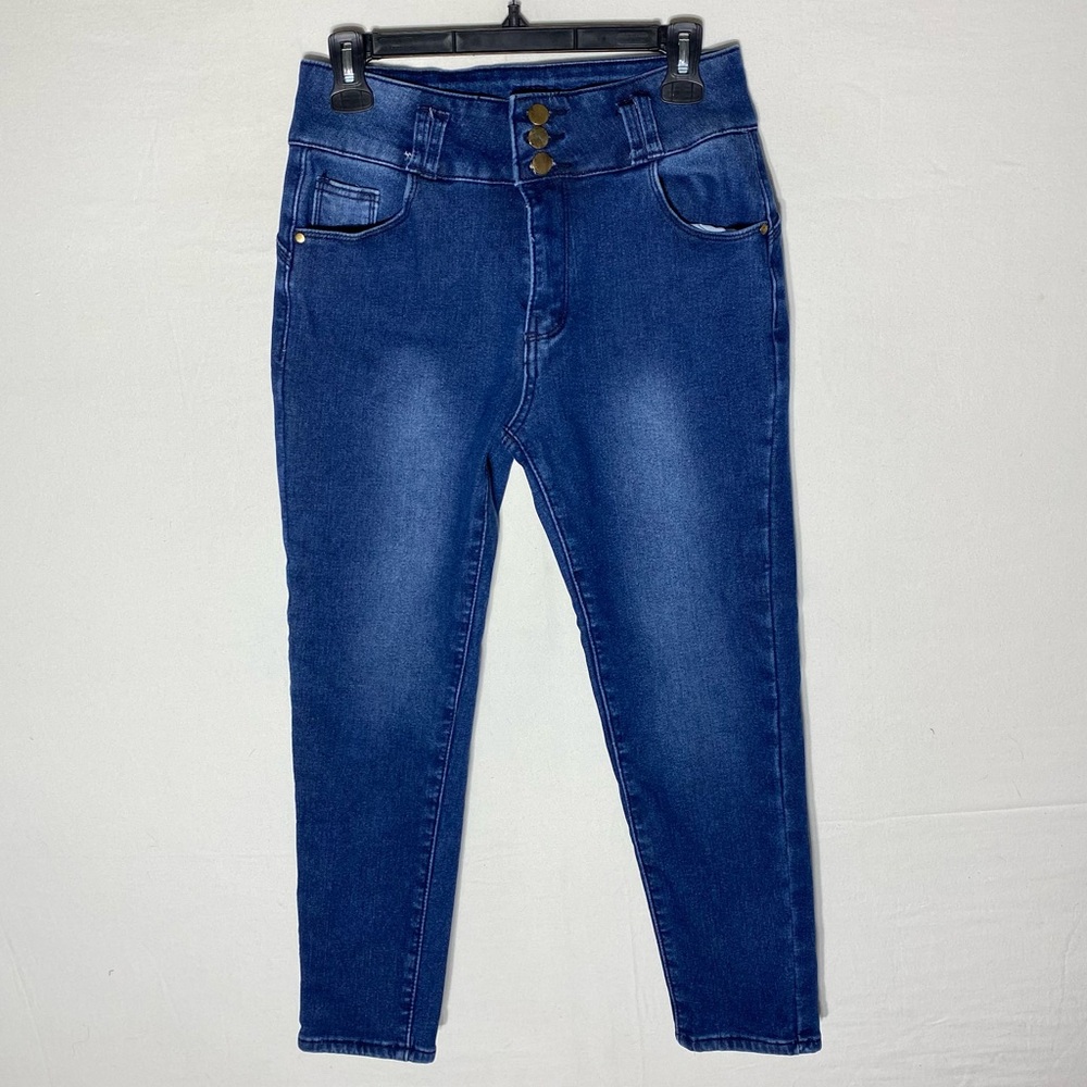 Fleece Lined Med Wash Stretchy Blue High Rise Skinny Jeans 27
